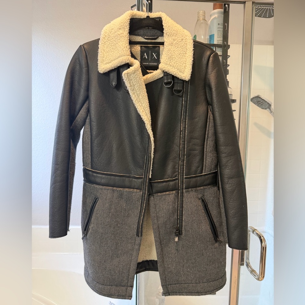 Armani Exchange Black and Gray Leather Jacket with Cream Details